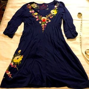 Johnny Was Blue Embroidered Knit Dress Large